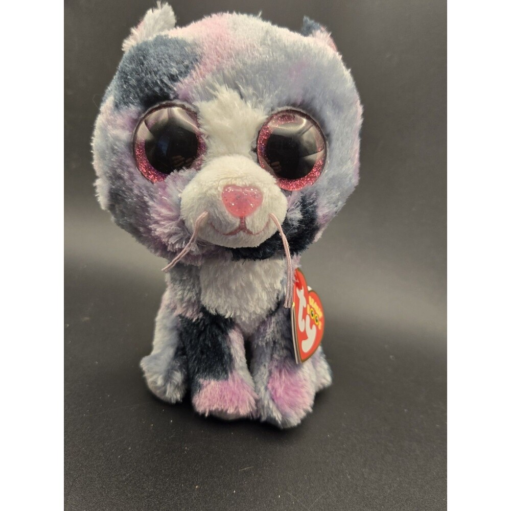 Ty Beanie Boo Lindi 2016 6" Cat Gray Pink Tags Sparkle Eyes Plush Toy